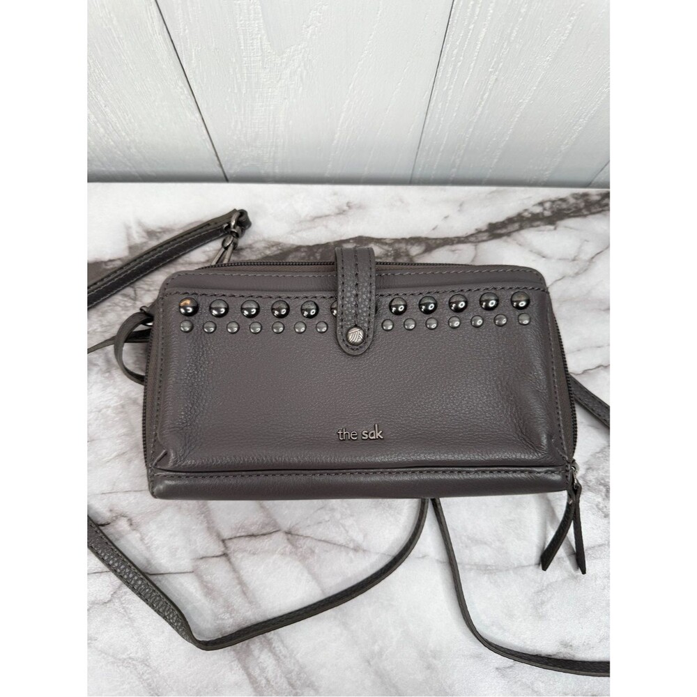 The Sak Iris Gray Leather Studded Smartphone Crossbody Wallet Wristlet